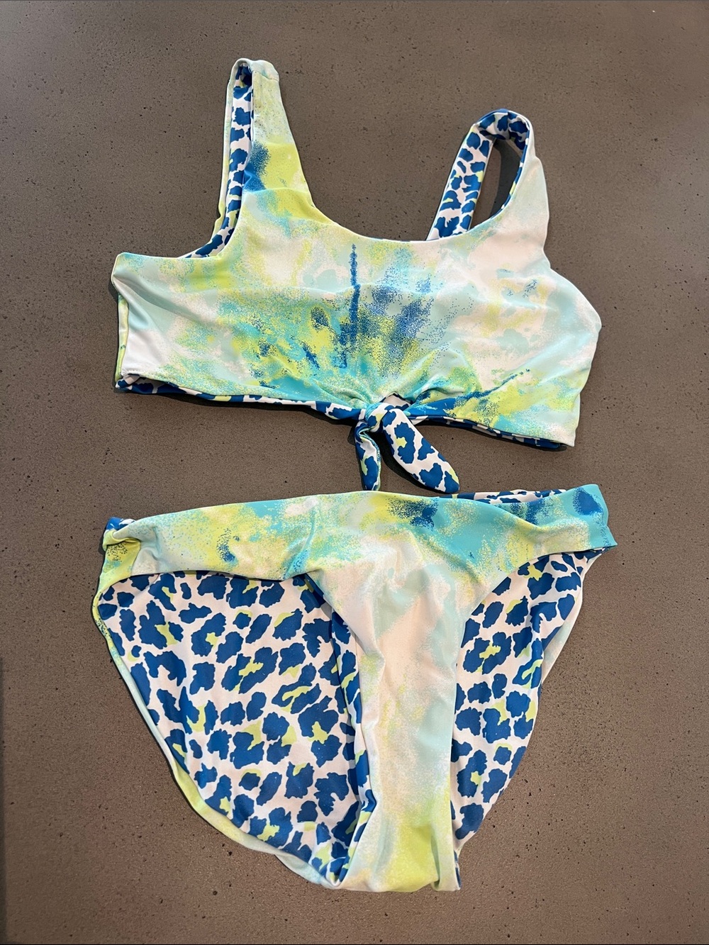 Girls' reversible Blue leopard & Lime Tie-Dye Two-Piece Swim Set